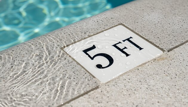 Close up of wet pool depth marker tile showing five feet in clear blue water, representing swimming safety and outdoor recreation concept