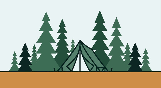 Minimalist camping scene with a tent nestled among stylized evergreen trees