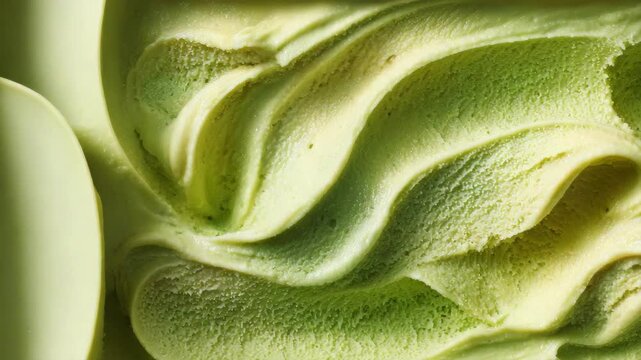 Close-up of green pistachio ice cream texture. Swirls of frozen gelato dessert. Macro food background