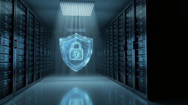 Glowing Blue Shield Hologram With Padlock in Data Server Room Symbolizing Network Security Perfect for Cybersecurity Advertising Corporate Presentation and Technology Background