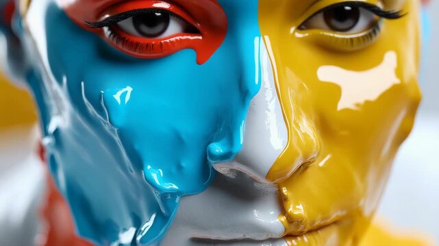 Close-up of a white sculpture face with blue and yellow paint dripping. Abstract modern art concept with thick glossy liquid flowing over a statue. Surreal creative portrait