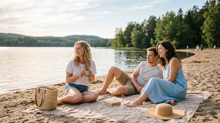 Fototapeta premium Three young adult friends enjoying a relaxing picnic on a sandy lake beach during a sunny summer afternoon