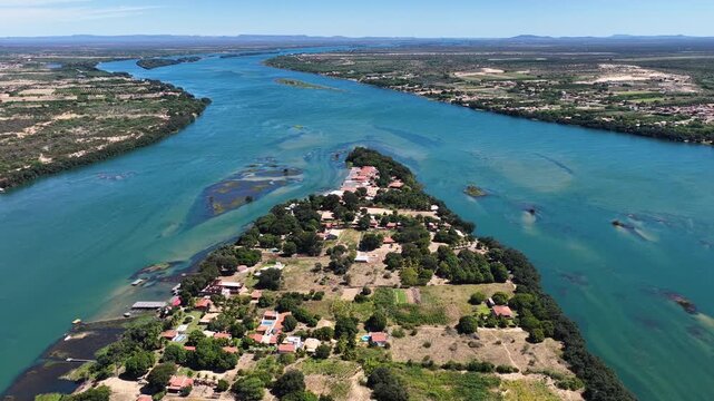Sao Francisco River In Juazeiro In Bahia Brazil. Biggest Northeast River. Massangano And Rodeadouro Islands. Nature Forest Trees. Sao Francisco River In Juazeiro Bahia. Riverside Agriculture Fields.
