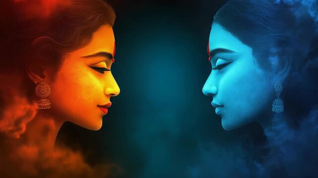 Conceptual portrait of two women facing each other with red and blue color contrast. Symmetrical profile with smoke effects. Duality and opposing forces theme
