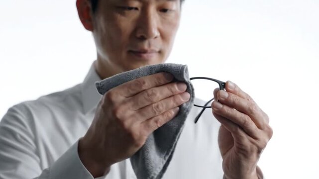 A middleaged asian man cleaning his blackrimmed eyeglasses with a soft gray microfiber cloth isolated on white background