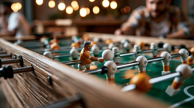 Close-up of a foosball player in action with a white ball, blurred background