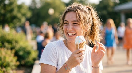 Obraz premium Happy young woman eating ice cream cone outdoors in summer park