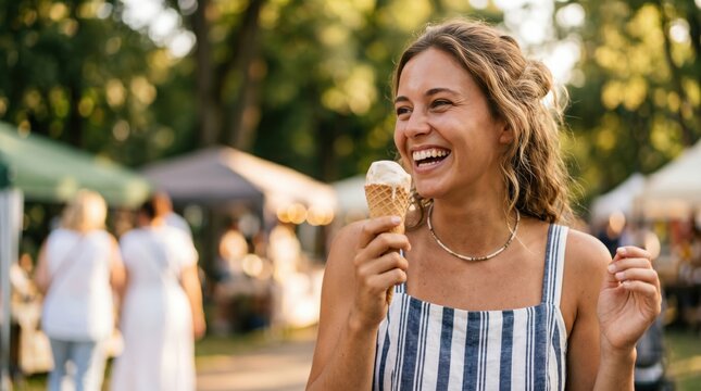 Happy young woman eating ice cream cone at outdoor summer street market fair