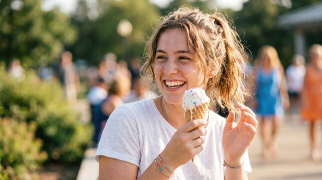 Happy young woman eating ice cream cone outdoors in summer park