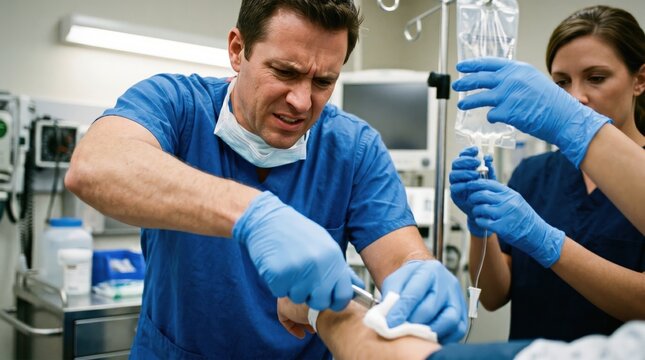 Male Doctor Performing Intravenous Cannulation on Patient Arm in Hospital Emergency Room Setting