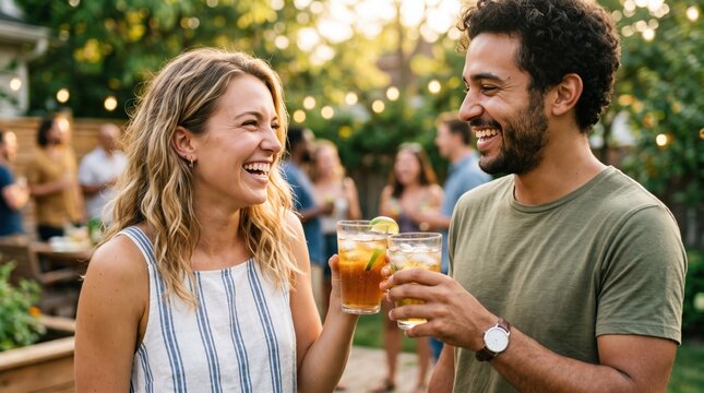 Happy young couple toasting with iced tea at a casual backyard garden party with friends in the background