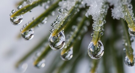 Close up water droplets on pine needles