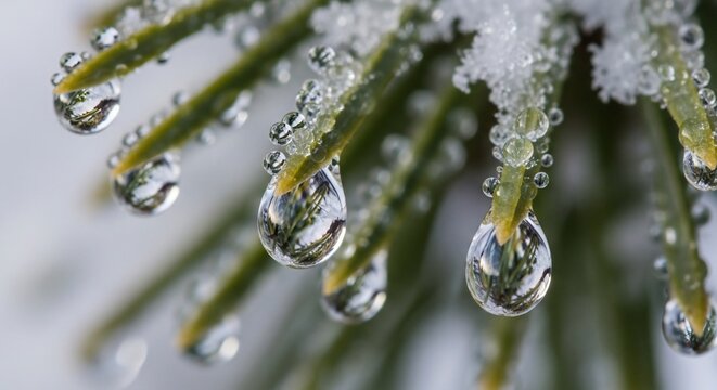 Close up water droplets on pine needles