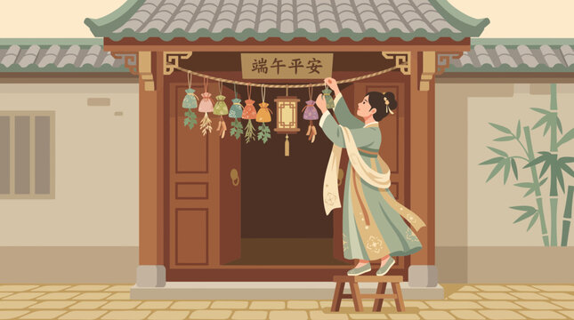 Woman in Hanfu hanging herbs for Dragon Boat Festival illustration