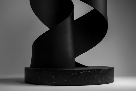 Minimalist black marble podium with elegant abstract dark metallic ribbon waves on grey background for premium cosmetic