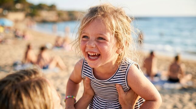 Happy blonde toddler girl laughing while being lifted by parent on sunny beach summer vacation