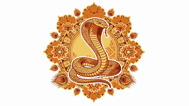 Golden king cobra snake with peacock feather mandala