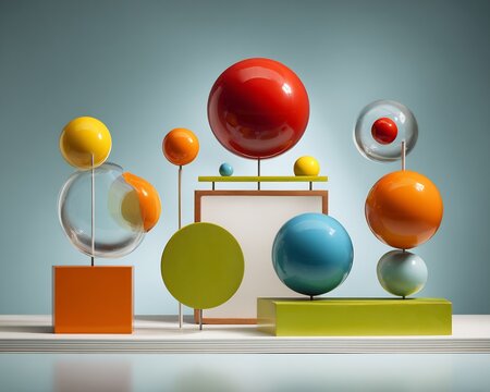 Conceptual still life arrangement of abstract geometric shape vibrant colored ball suspended mid air within stylized studio setting controlled strobe lighting precise camera positioning emphasizing
