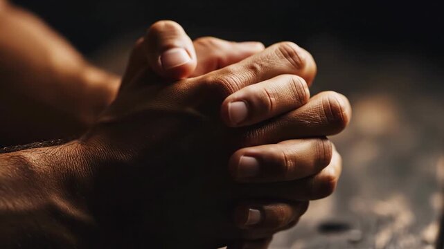 Close-up of hands clasped in prayer on a wooden table. Person in deep contemplation and spiritual devotion. Faith and meditation concept
