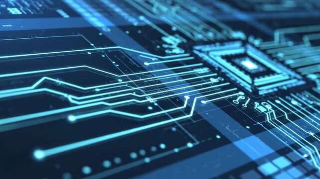 Illuminated intricate electric circuit board pathways glow with vibrant blue light, showcasing connected components and the advanced technology powering digital innovation and futuristic
