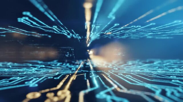 This immersive digital landscape depicts a futuristic highway of glowing blue and orange circuitry lines, conveying rapid data transmission and the relentless acceleration of technological