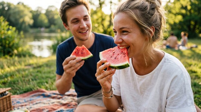 Young Caucasian Couple Enjoying Fresh Watermelon Slices During A Romantic Summer Picnic By The Lake