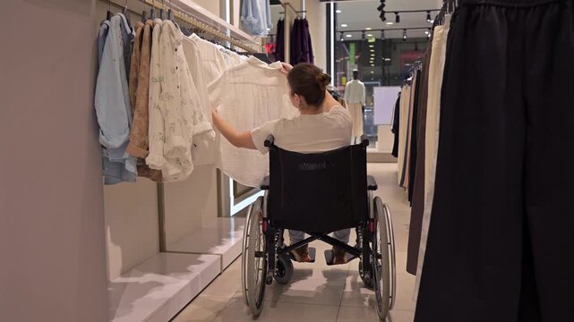 A Caucasian woman in a wheelchair shopping at a mall. 