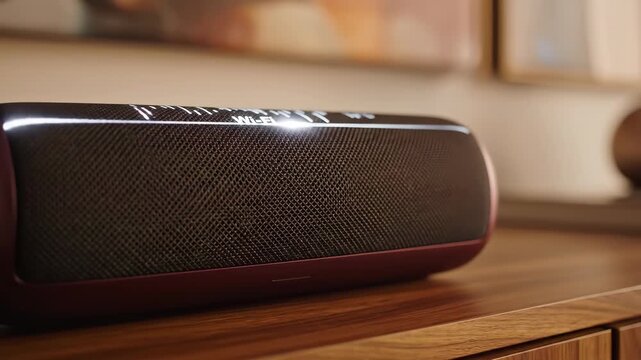 Smart speaker with pulsing light bar on a wooden cabinet. Modern home audio and voice assistant technology. Smart home lifestyle concept