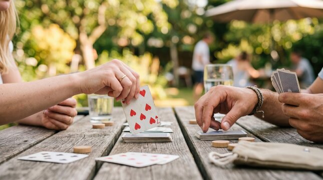 Close up of young adult friends playing card game on rustic wooden table outdoors in summer garden