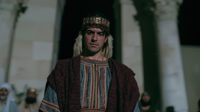 Daniel standing in a royal Babylonian court with detailed architecture