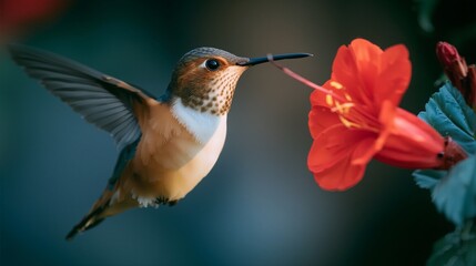 Obraz premium Portrait of a hummingbird hovering near a bright flower blossom