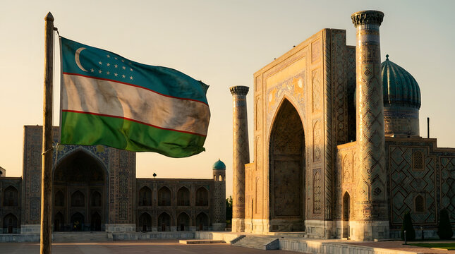 Uzbekistan flag fluttering in registan square, samarkand, a historical architectural complex. Suitable for travel, cultural, and historical design projects.