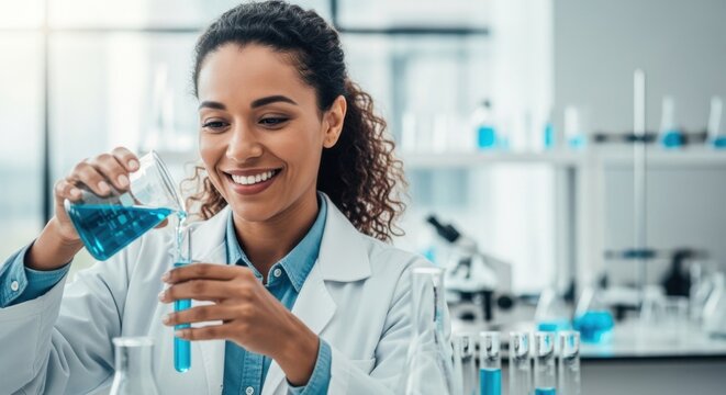 Scientist Pouring Blue Liquid in Lab