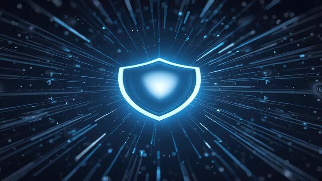 Glowing shield emblem radiating blue digital light and particles for cybersecurity network