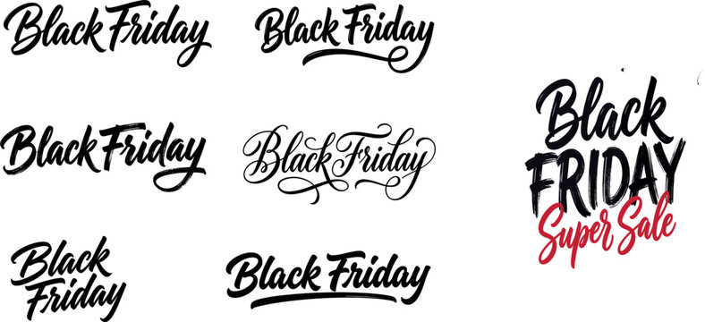 Black Friday Typography Calligraphy Vector Set with Hand Drawn Lettering and Super Sale Text Elements for Promotional Marketing Banner Design