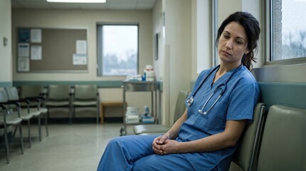 Obraz premium Exhausted Caucasian Female Nurse Sitting Alone in Hospital Waiting Room After Long Shift