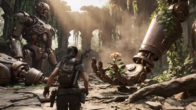 Female explorer encountering giant ancient robot in jungle ruins