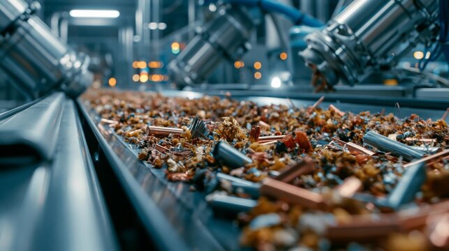 Closeup medium shot of mixed copper wire offcuts moving on a sleek conveyor robotic arms sorting fragments under cinematic lighting in an advanced recycling plant with stainless