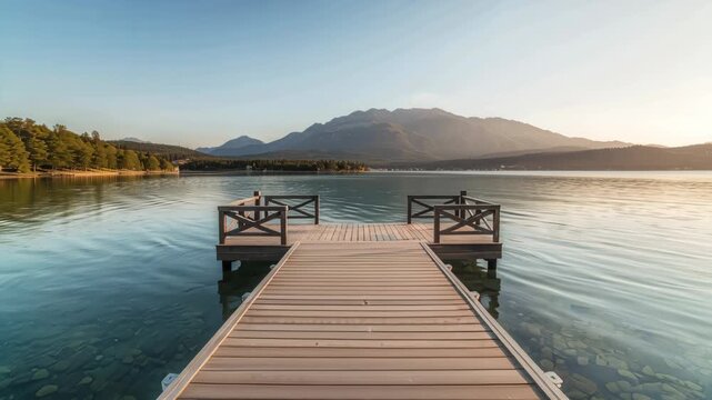 Calm wooden dock leading to mountain lake sunrise with clear water and serene light wooden dock