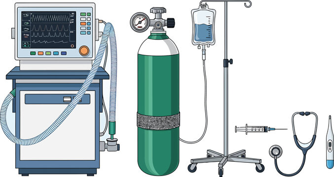 Medical equipment for patient care and monitoring in healthcare settings including ventilator oxygen tank IV pole stethoscope