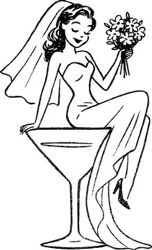 Hand Drawn Bride with Bouquet in Martini Vector Drawing