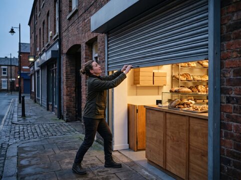 Entrepreneur raising metal shutter at neighborhood micro bakery opening