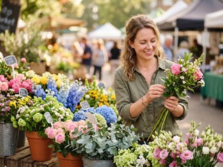 Fototapeta premium Smiling woman choosing fresh flowers at an outdoor market