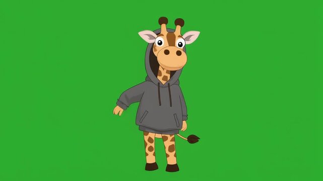 Cute cartoon giraffe character wearing a grey hoodie isolated on a green screen chroma key background.