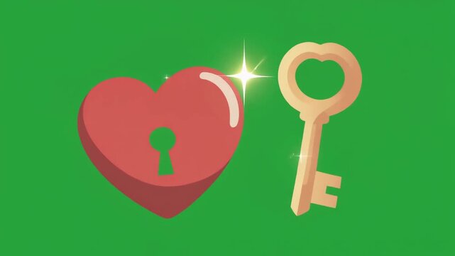 A red heart shaped padlock with a matching golden key isolated on a green screen chroma key background.