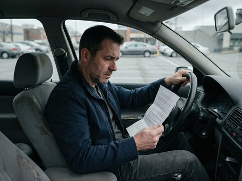 Man reading bank loan rejection letter in parked car