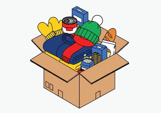 Cardboard box filled with winter clothing and non-perishable food items
