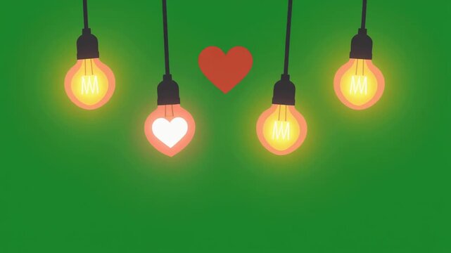 Creative illustration of glowing light bulbs with heart shapes isolated on a green screen chroma key background.