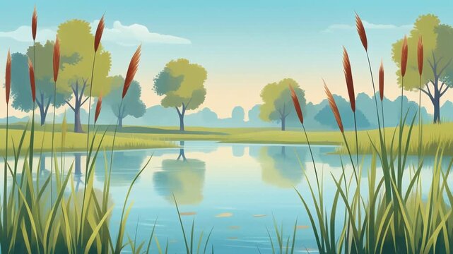 A serene landscape illustration featuring a calm pond surrounded by lush green trees and tall cattails under a clear blue sky.