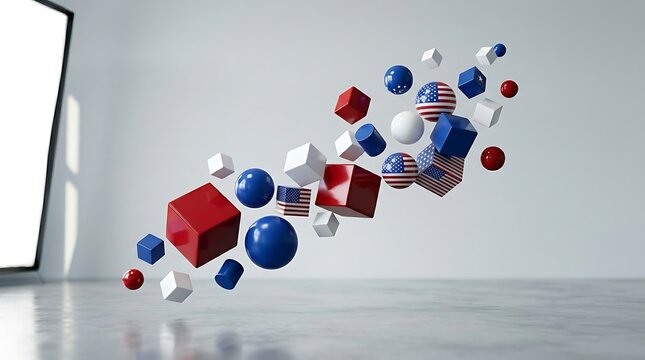 A scattered collection of red white and blue geometric shapes including spheres and cubes some with american flag patterns floating